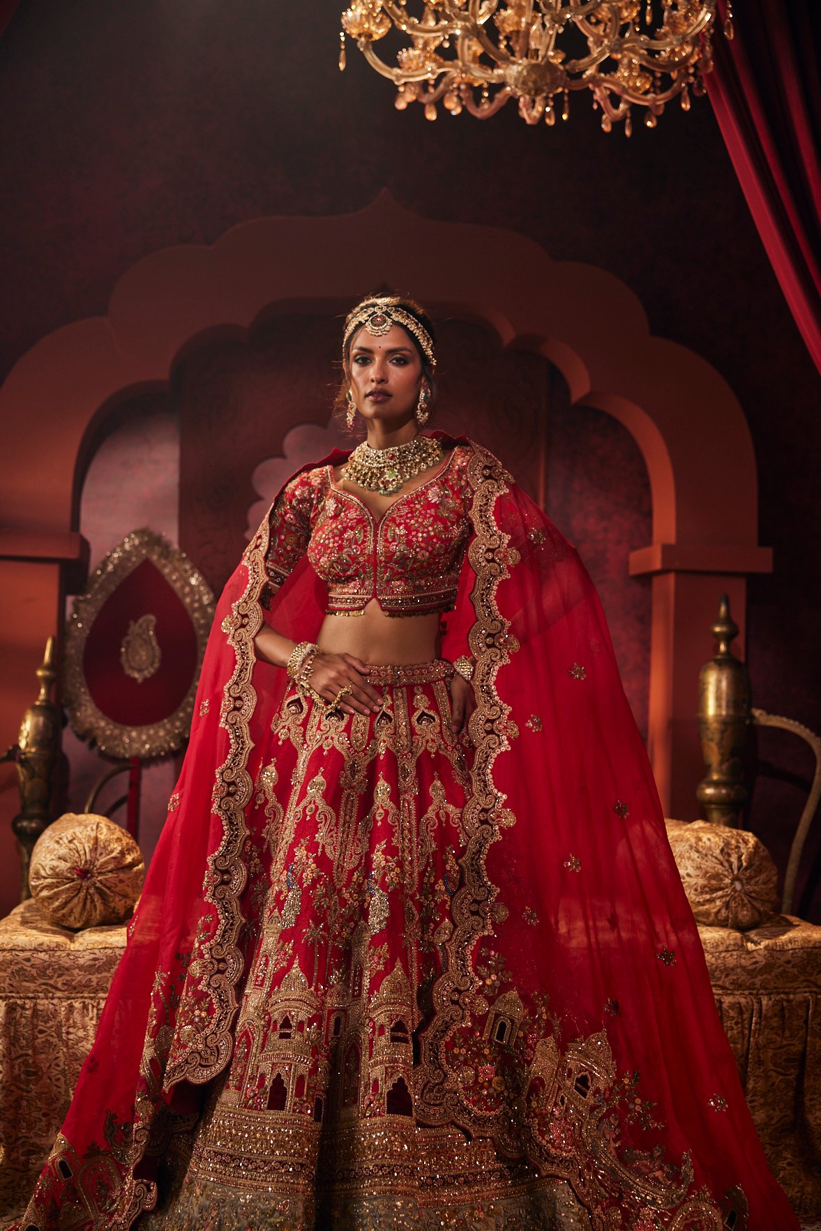Scarlet Red Zari Cape Lehenga
